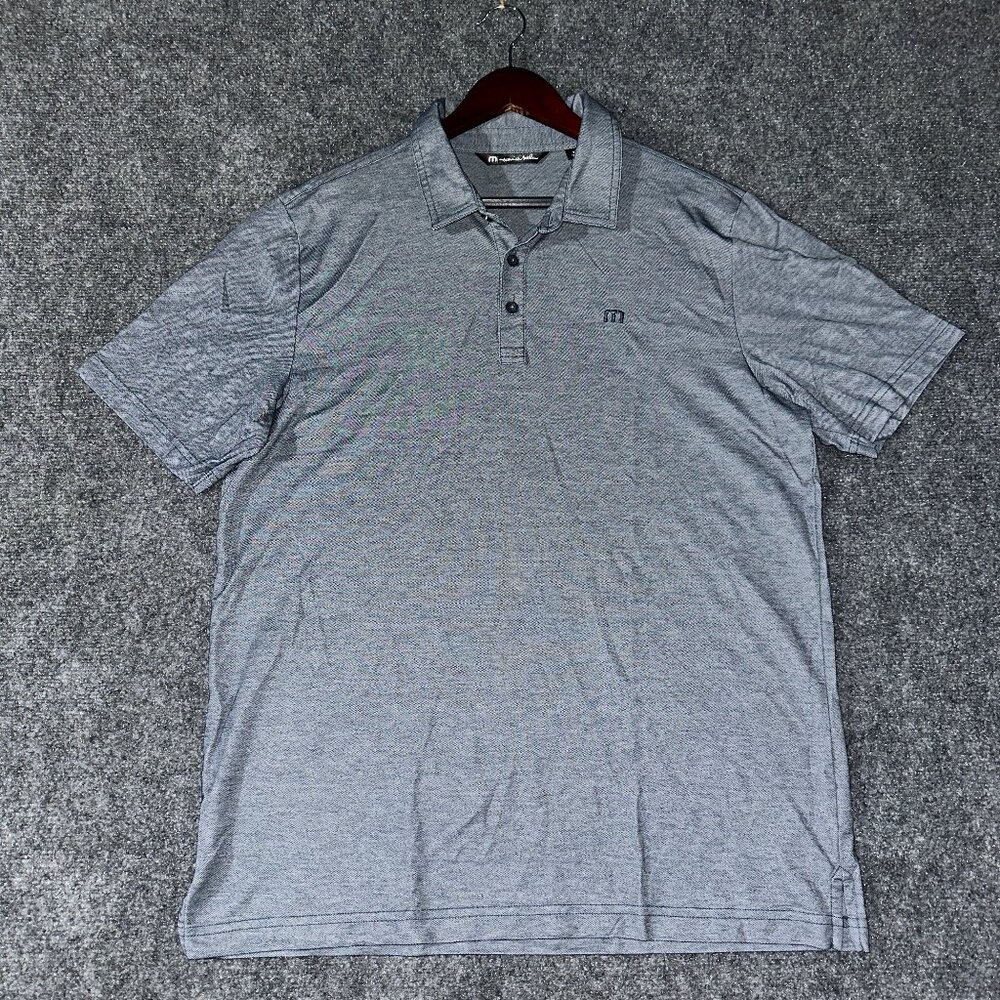 Travis Mathew Polo Shirt Mens XL Blue Gray Short Sleeve Logo Split Hem